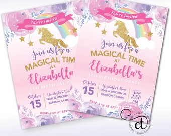 Unicorn Invitation, Unicorn Invite, Pink and Gold, Rainbow Unicorn Birthday Invite, Magical, Sprinkle Invite, Gold Glitter, Pastel Rainbow