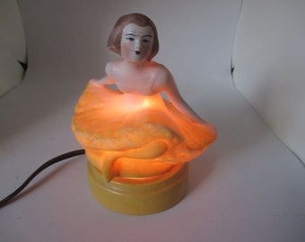 Fantastic 1920's Rare Yellow Flapper Dancer Perfume Lamp Fulper Brand Porcelain Ballerina Art Deco boudoir lamp night light figural woman