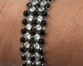 Fabulous Vintage Black Glass and Clear Rhinestone Bracelet