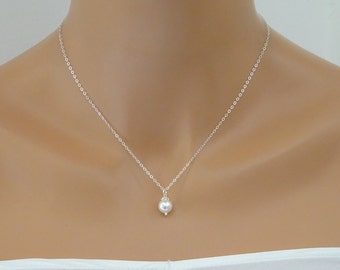 STERLING SILVER Pearl Necklace, Minimal Bridal Necklace, Single Pearl Wedding Necklace, Bridesmaid necklace