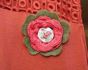 Orange and olive green handmade flower brooch