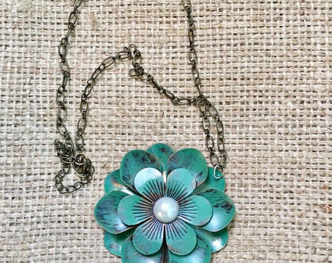 Flower Necklace, Tin Flower Necklace, Distressed Jewelry, Flower Jewelry, Pearl Necklace, Western Jewelry, Large Flower Jewelry