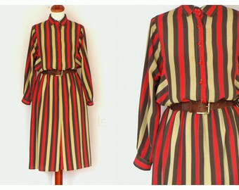 Vintage Button Up Striped Long Sleeve Collared Dress / size M