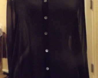 SALE Womens Black Sheer Button Down Blouse Shirt Top Medium