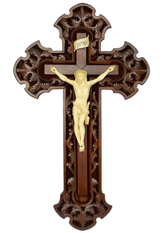 On French Antique Large Hand Carved Crucifix Black Forest Wood Wall Cross Religious Catholic Christ Cor