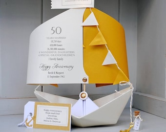 50th Golden Wedding Anniversary, 50th Anniversary Card, Paper Boat Card, Personalised 50th Anniversary Card