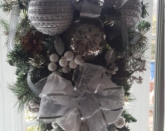 Christmas Swag, Christmas Wreath, Silver and White Swag, Silver and White Wreath, Holiday Swag, Winter Swag, Evergreen Swag