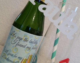 Will You Be My Bridesmaid? mini champagne bottle label, champagne flute gift set