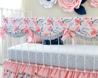 Watercolor Whispers girl crib bedding set, Pink and navy watercolor floral baby bedding, blush pink floral nursery bedding for baby girls