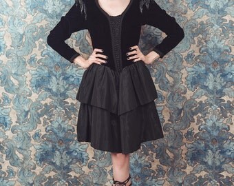 Black velvet dress,velvet party dress, victorian inspired, size small vintage dress, beaded velvet dress, edwardian , party black dress,