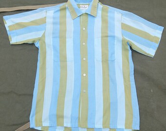 50s Vintage Donegal Stripe Short Sleeve Loop Collar Button Up Shirt Size L
