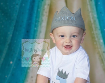 Embroidered Boys Birthday Crown Half One First Birthday Grey Gray