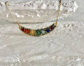 Gold Chakra Necklace, Crescent Moon Chakra Necklace, Bohemian Raw Stone Necklace, Raw Crystal Necklace, Yoga Jewelry, Boho Chic ,Healing
