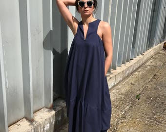 Linen Dress, Kaftan Dress, Maternity Clothing, Festival Dress, Dark Blue Dress, Summer Dress, Balloon Dress, Loose Dress, Sleeveless Dress