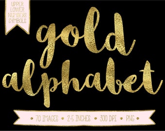 Gold Alphabet Clipart. Gold Foil Letters, Numbers, Symbols. Hand Written Gold Font for Wedding. Metallic Brush Script - 300dpi - PNG -