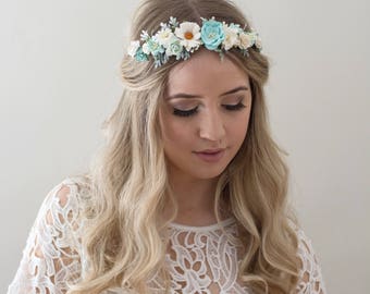 White and Mint Flower Crown- Boho Flower Crown- Wedding Flower- Floral Headpiece- Flower Girl- Wedding Gift Idea- Headband- Spring Crown