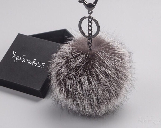 NEW GunMetal™ Silver Fox Color Raccoon Fur Pom Pom bag charm keychain keyring puff fluffy chain