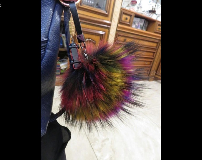 Blogger Reccomended NEW Tropical Swirl™ Multi Color Raccoon Fur Pom Pom bag charm clover flower keychain ( 2 way pom pom)