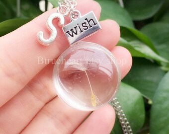 Silver Dandelion Necklace, Make a Wish Necklace, Initial Necklace, Real Dandelion Seed Jewelry, Friendship gift