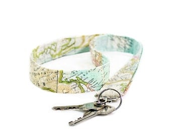 Map Lanyard, Badge Holder, Key Lanyard, Id Holder, Teacher gift, Map wristlet, Keychain, Key swivel, World map key holder, Neck strap