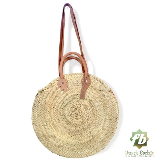 Round wicker basket Double leather handle