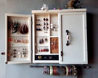 Jewelry cabinet. earrings locker with shelf. Vintage WHITE jewelry storage.Wooden wall mounted earring organizer. earrings storage. holder.