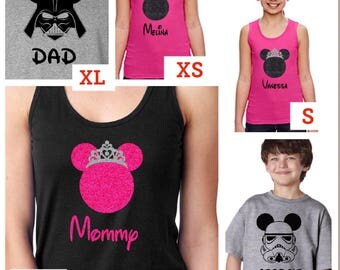 Disney Family Shirts/Disney Vacation Shirts/5-Pack of Shirts-Personalized Disney Matching Vacation Shirts/Minnie, Darth Vader, Storm Trooper