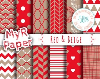 Digital paper: " Red & Beige" pack for scrapbooking, invite, card – fans, japanese, dots, hearts, stripes, chevron, moroccan