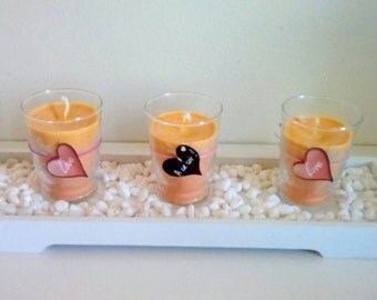 Set of 3 orange craft candles with colza wax, romantic decoration, Valentine's Day love heart, vintage candlesticks, french made