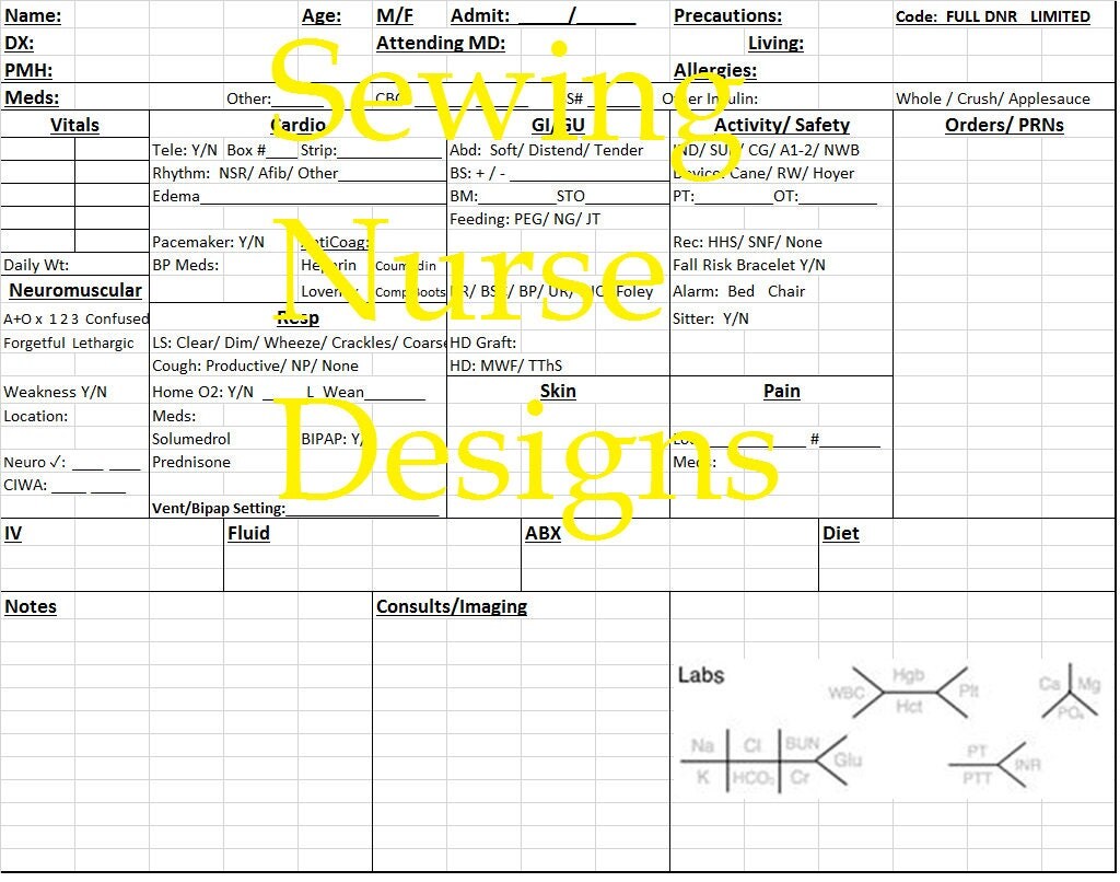 Nurse Report Sheet Brain Sheet Hospital Print-at-Home