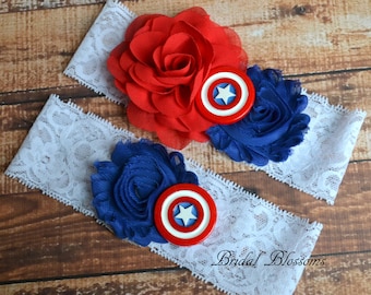 Captain America Bridal Garter Set | Super Hero Wedding Garters | Flower Stretch Lace Garter | Keepsake Toss Superhero USA Red White Blue