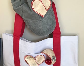 Tote bag/ Women's Baseball tote bag/baseball heart/ used baseball deconstructed