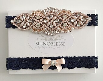 JUDY ~ Wedding garters-lace wedding garter-blue lace garter-navy blue garter-crystal garter-something blue garter-vintage garter