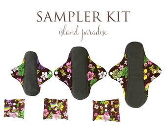 Comfy Cloth Mama Cloth Charcoal Bamboo Menstrual Pads - Island Paradise Pattern - Kit of All Cloth Pad Sizes