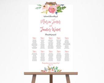 Summer Wedding Seating Chart, Floral Wedding Seating Sign, Watercolor Wedding Seating Plan, Rustic Wedding Seating Chart Template WTRTB
