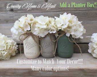Painted Mason Jars-Rustic Mason Jar Decor-Vintage Home Decor-Grey-Green-Cream-Rustic Home Decor-Country Chic Home Decor-Shabby Chic Home