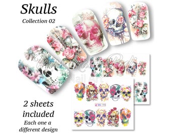 Sugar Skull Nails, Dia de los Muertos Nail Art, Day of the Dead Nail Stickers, Full Cover Nail Wraps, Water Nail Decals, Halloween BN189