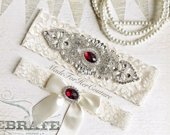 Red Wedding Garter, Bridal Garter Set, Red Garter Set, Crystal Pearl Garter, Vintage Garter, Wedding Garter Belt- Christmas Wedding Garter