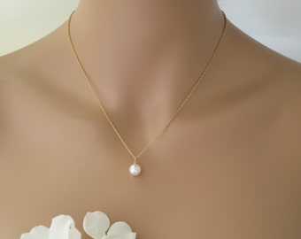Simple pearl backdrop necklace, Swarovski pearl wedding necklace, Gold bridal necklace