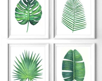 Set of 4 green leaves botanical print, Printable monstera leaf, banana leaf print, areca palm print, watercolor palm green leaves art print