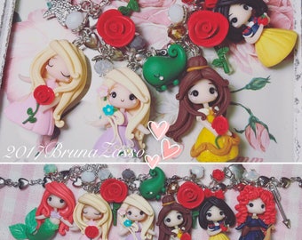 Bracelet or necklace Disney Princess Cute Chibi Bijoux Fimo Polymer Clay Kawaii Tiny Aurora Ariel Rebel snow white beautiful Rapunzel Merida