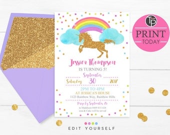 RAINBOW UNICORN INVITATION, Instant Download, Unicorn Invitation, Gold Unicorn Invitation, Rainbow Unicorn Party, Editable invitation, Gold