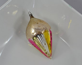 Vintage Hand Blown Hand Painted Ribbed Ice Cream Cone Shaped Christmas Ornament