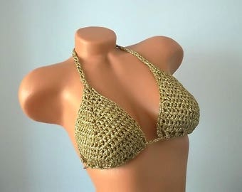 Gold Bikini Top, Crochet Bikini Top, See Through Bikini Top, Crochet festival top, Crochet bra, Halter top, Crochet bikini, Sheer Bikini Top