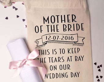 Mother of the Bride or Mother of the Groom. Cotton gift bag. personalised wedding thank you gift bag + handkerchief.