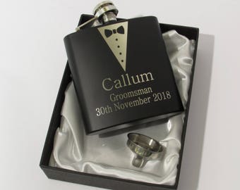 Usher Flask Set ~ With Free Engraving ~ 6 oz Matte Black Hip Flask ~ Stainless Steel 6oz Flask ~ Best Man Flask Set (BF6)
