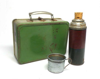 Vintage Metal Lunchbox With Thermos - Green Lunchbox - Lunchbox and Thermos