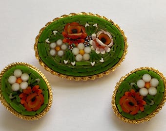 Vintage Micro Mosaic Brooch, Vintage Micro Mosaic Earrings, Vintage Micro Mosaic Jewelry Set, Brooch and Clip On Earrings, 2 Piece Set