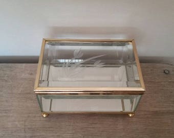 Vintage Footed Brass and Glass Curio Mirrored with Etched Flowers, Jewelry Box, Air Plant Vessel.
