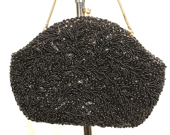 Vintage Hand Beaded in the Crown Colony of Hong Kong Small Black Evening Bag/Purse with Gold Chain